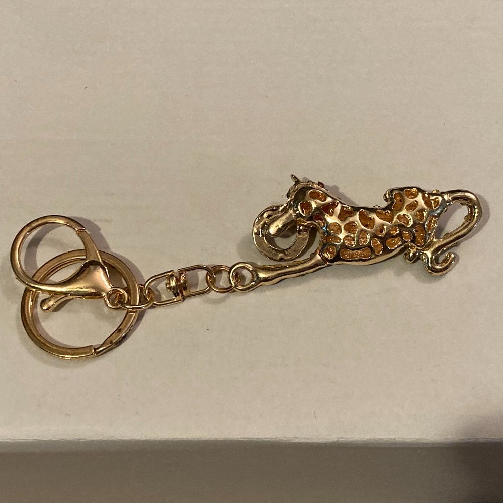 VTG 1990's EFFY LEOPARD-Gold Plated Crystals & Enamel Keychain/Bag Clip-5"-NEW - Picture 2 of 5